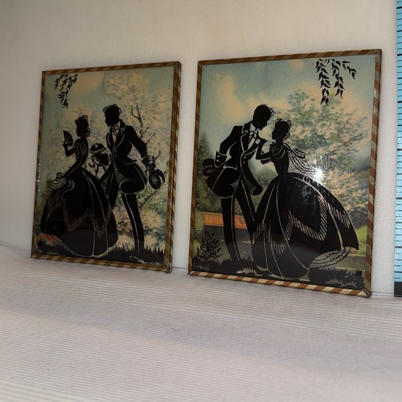 🐈‍⬛ VTG Reverse Silhouette Painting Victorian Courting Couple, Bubble Gl…